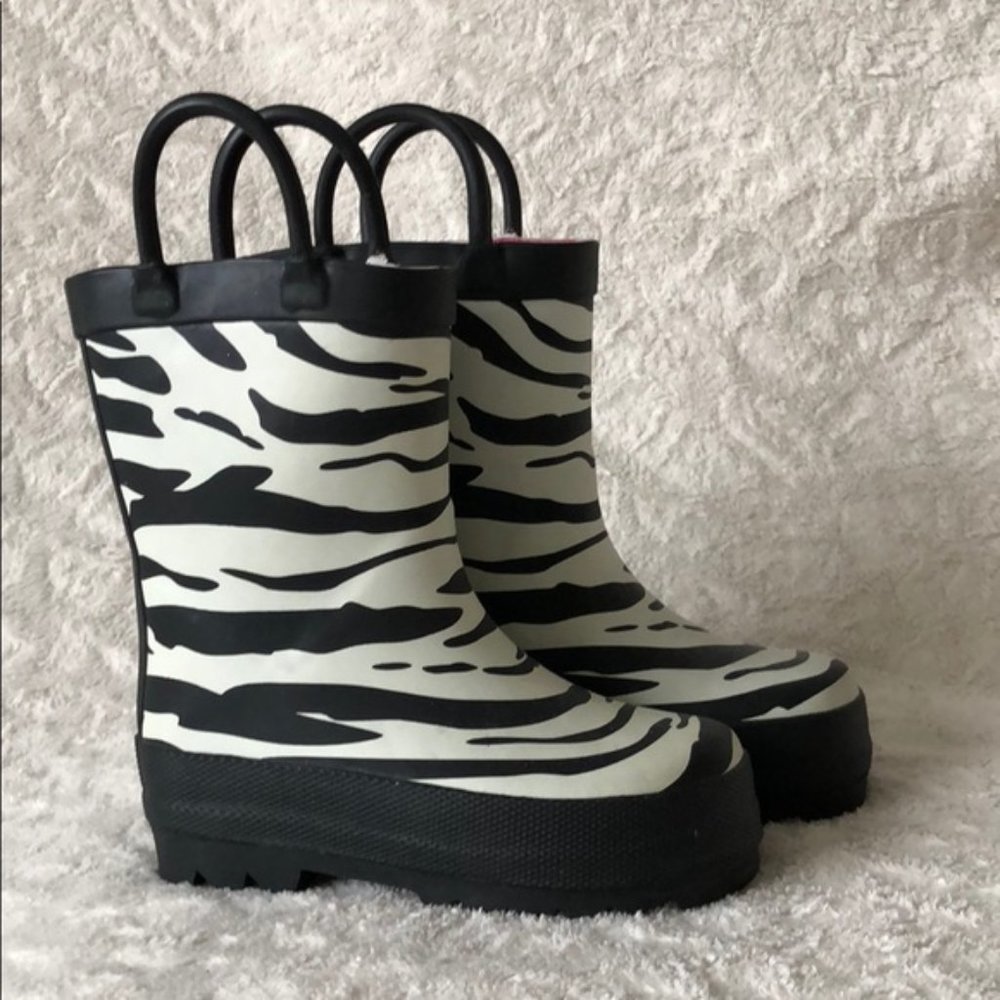 EUC Amy Coe Toddler Girls Zebra Raincoat Sz 12 mos & Rain Boots Sz 6